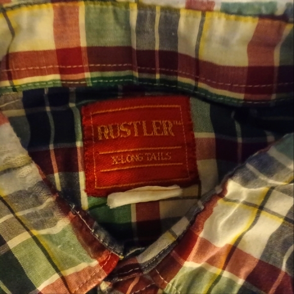 Rustler brand vintage pearl button mens shirt size large with long tails - Picture 2 of 5